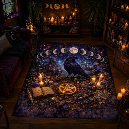 Gothic Raven and Moon Phase Area Rug – Dark Pagan Witch Carpet for Spooky Decor_mockup_1.webp