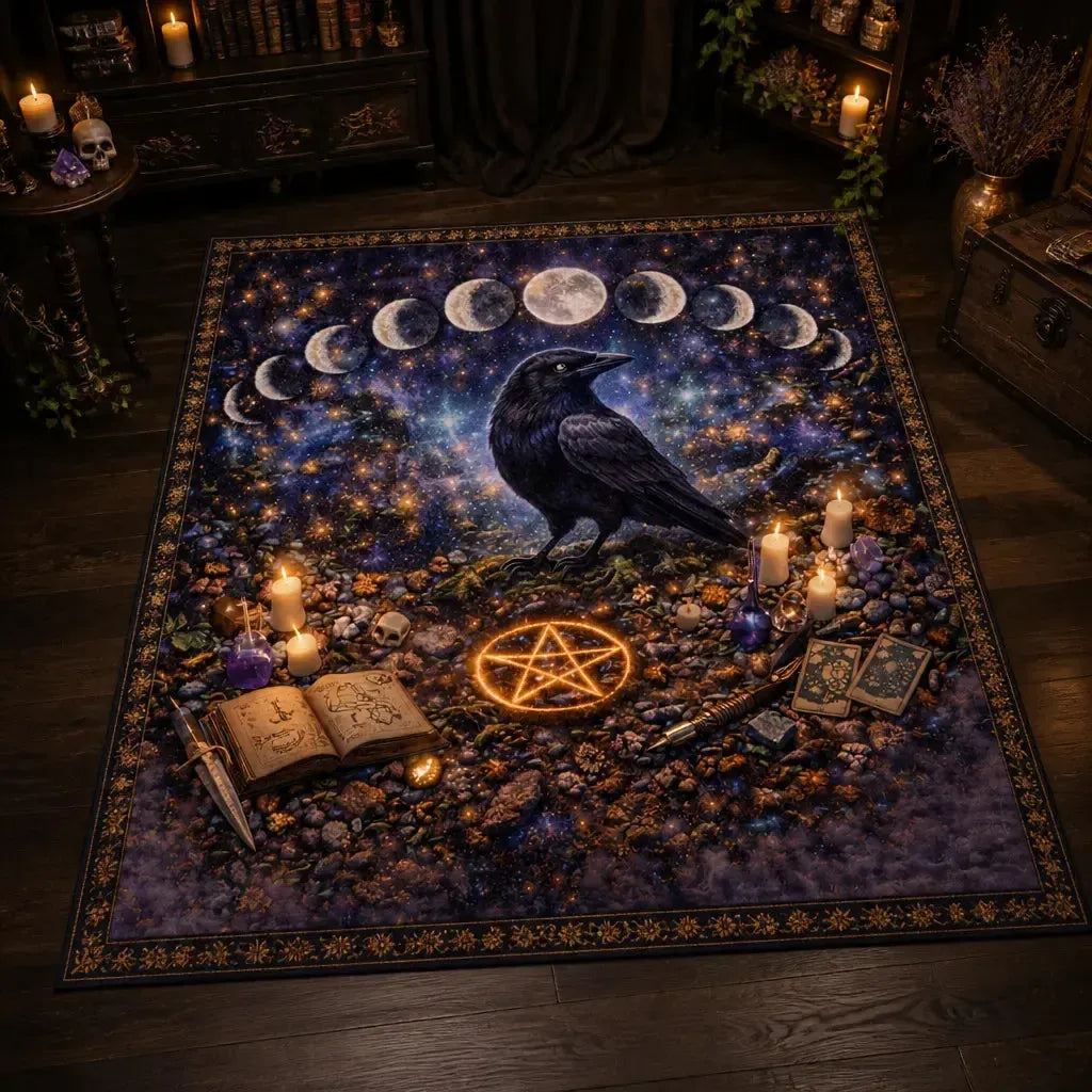 Gothic Raven and Moon Phase Area Rug – Dark Pagan Witch Carpet for Spooky Decor_mockup_2.webp