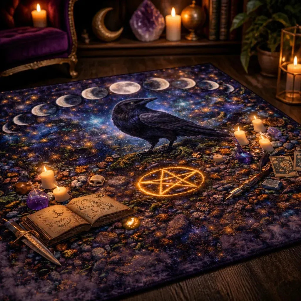 Gothic Raven and Moon Phase Area Rug – Dark Pagan Witch Carpet for Spooky Decor_mockup_3.webp