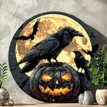 Gothic Raven and Pumpkin Halloween Metal Sign Dark Crow Home Decor-MoonChildWorld