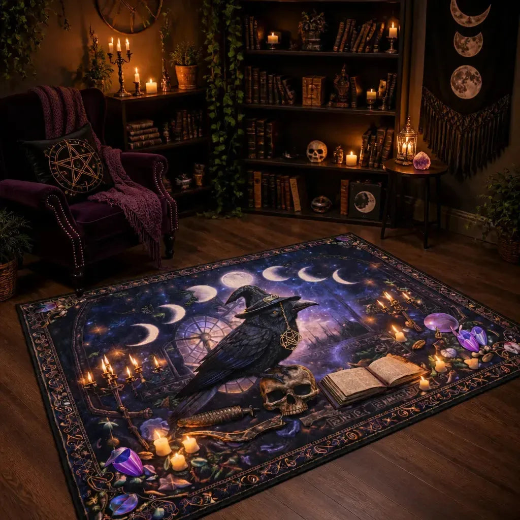 Gothic Raven and Skull Area Rug – Dark Pagan Witch Carpet for Halloween Decor_mockup_1.webp