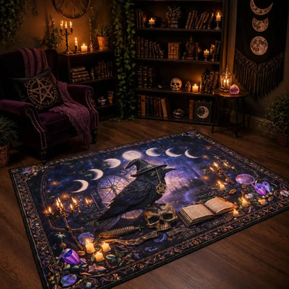 Gothic Raven and Skull Area Rug – Dark Pagan Witch Carpet for Halloween Decor_mockup_1.webp