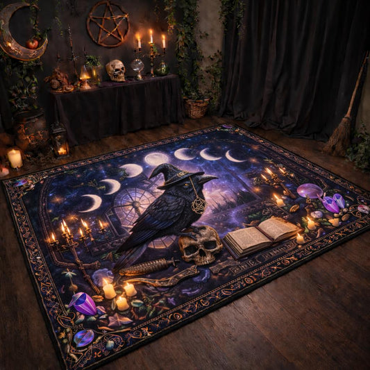 Gothic Raven and Skull Area Rug – Dark Pagan Witch Carpet for Halloween Decor-MoonChildWorld