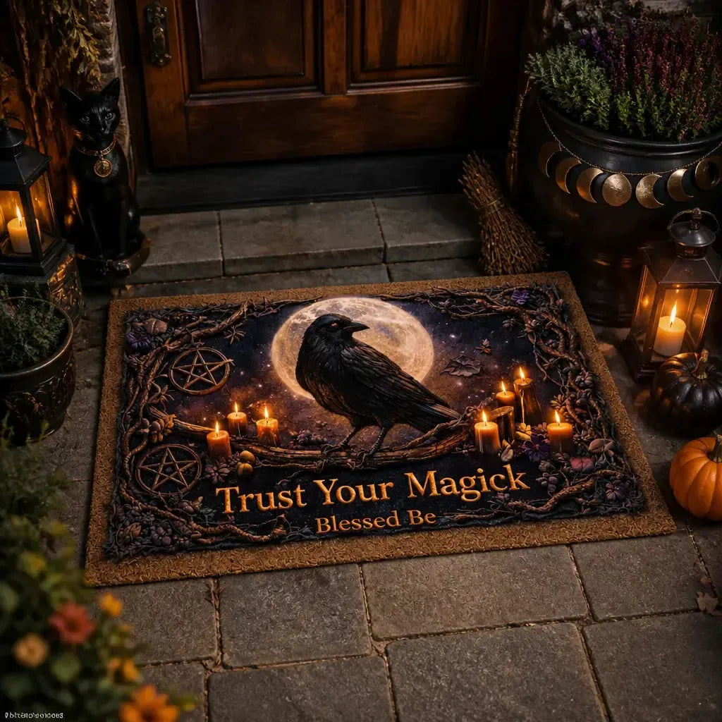 Gothic Raven and Skull Doormat – Dark Pagan Witch Welcome Mat for Halloween_mockup_1.webp