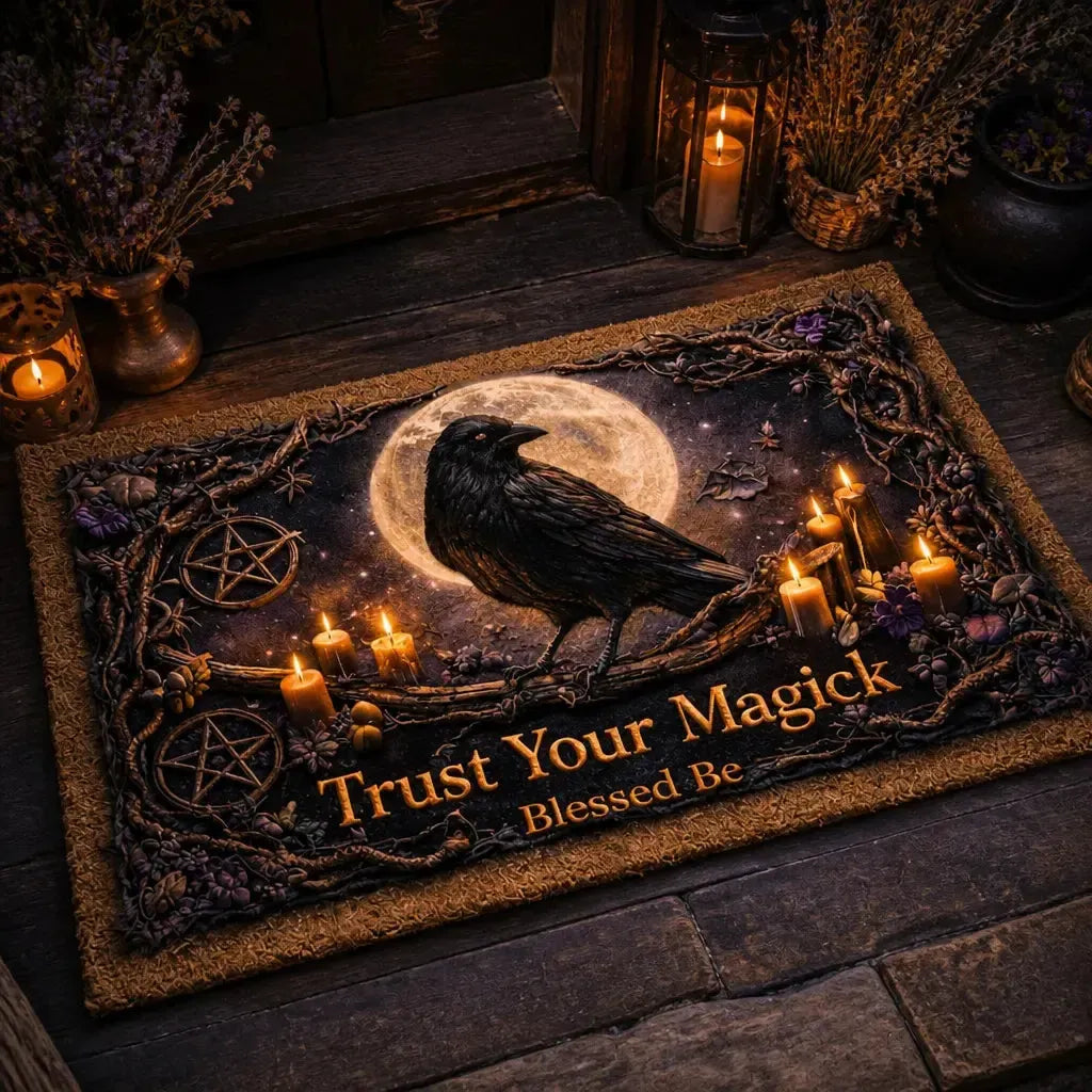 Gothic Raven and Skull Doormat – Dark Pagan Witch Welcome Mat for Halloween_mockup_2.webp