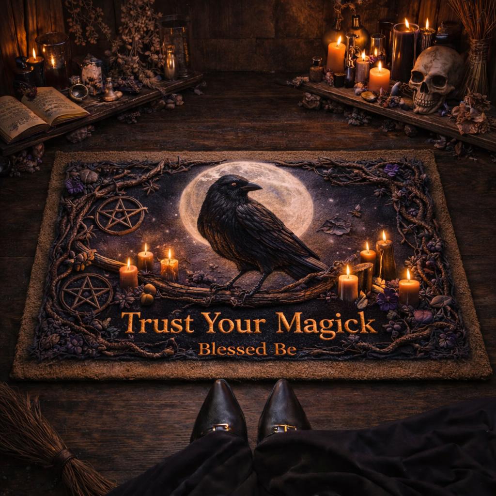 Gothic Raven and Skull Doormat – Dark Pagan Witch Welcome Mat for Halloween-MoonChildWorld
