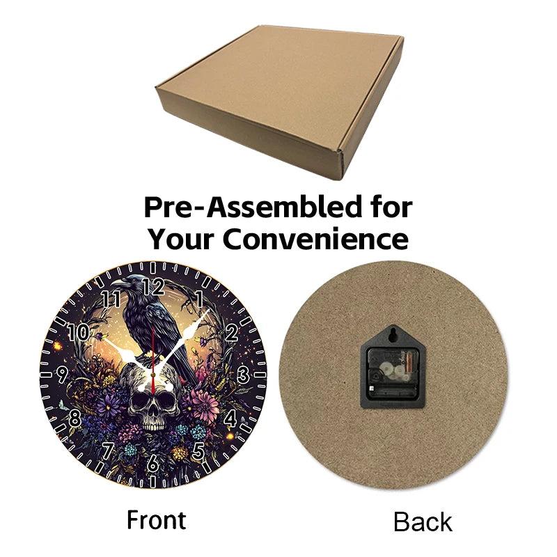 Gothic Raven and Skull Wooden Wall Clock Dark Crow Wall Clock-MoonChildWorld