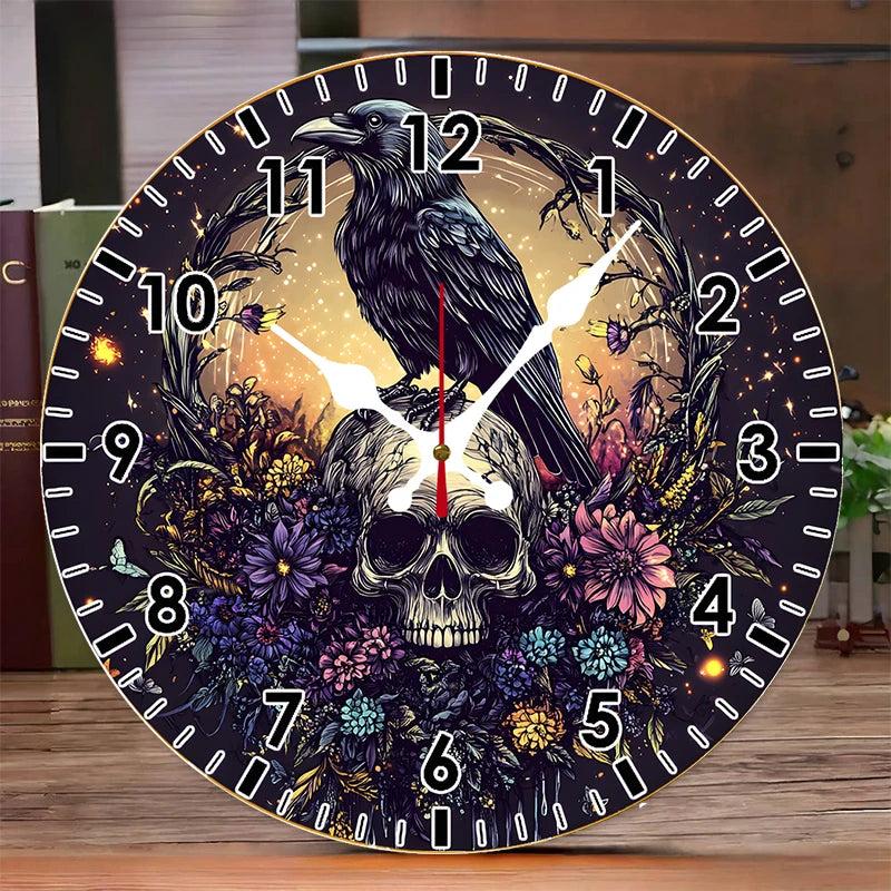 Gothic Raven and Skull Wooden Wall Clock Dark Crow Wall Clock-MoonChildWorld
