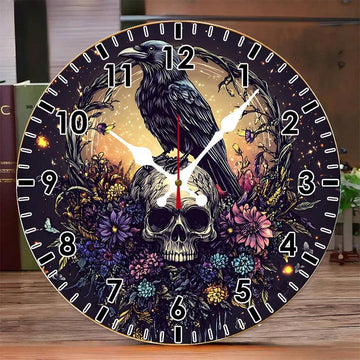 Gothic Raven and Skull Wooden Wall Clock Dark Crow Wall Clock-MoonChildWorld