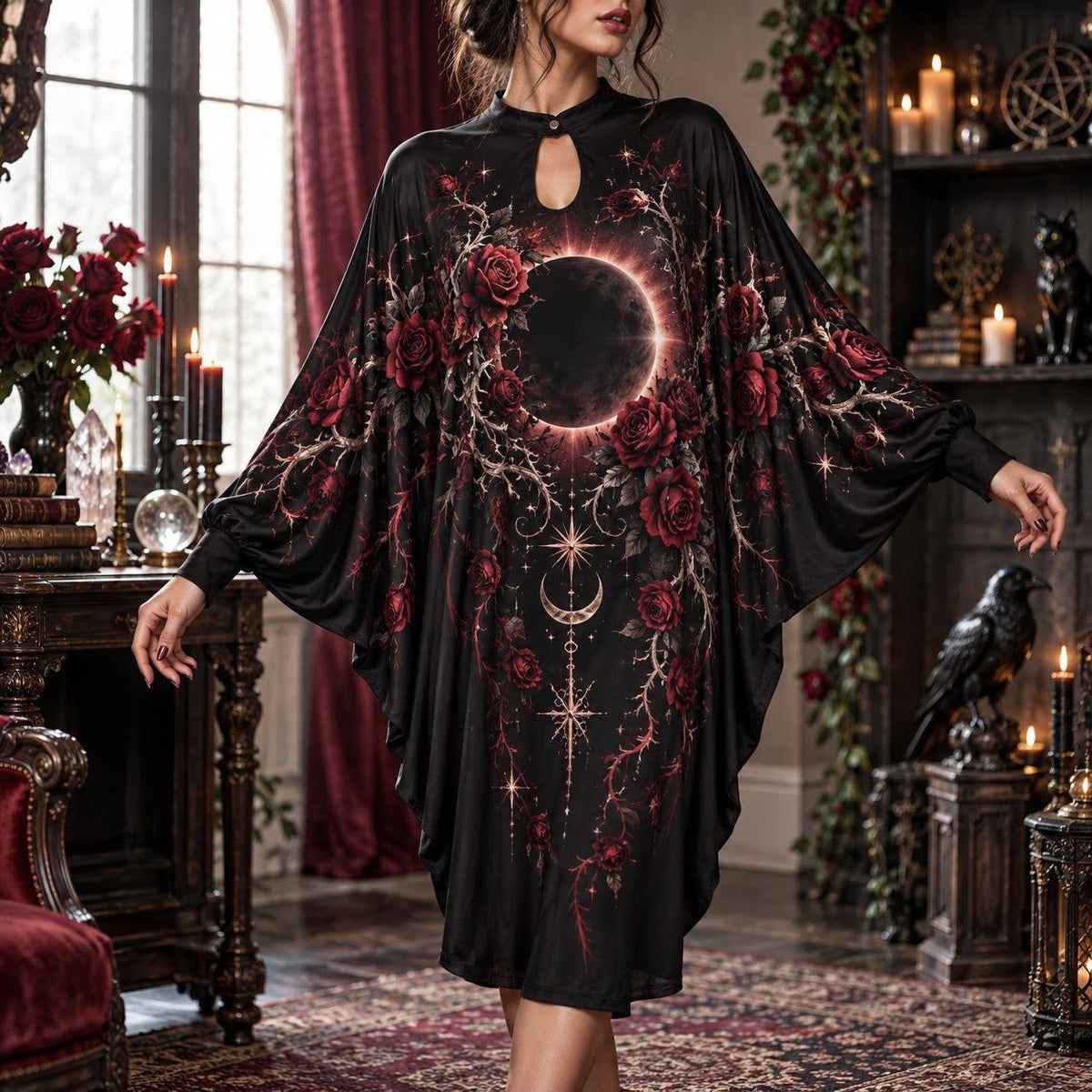 Gothic Rose Eclipse Batwing Dress – Witchy Dark Romantic Moon Midi – worn, front view