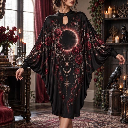 Gothic Rose Eclipse Batwing Dress – Witchy Dark Romantic Moon Midi – worn, front view