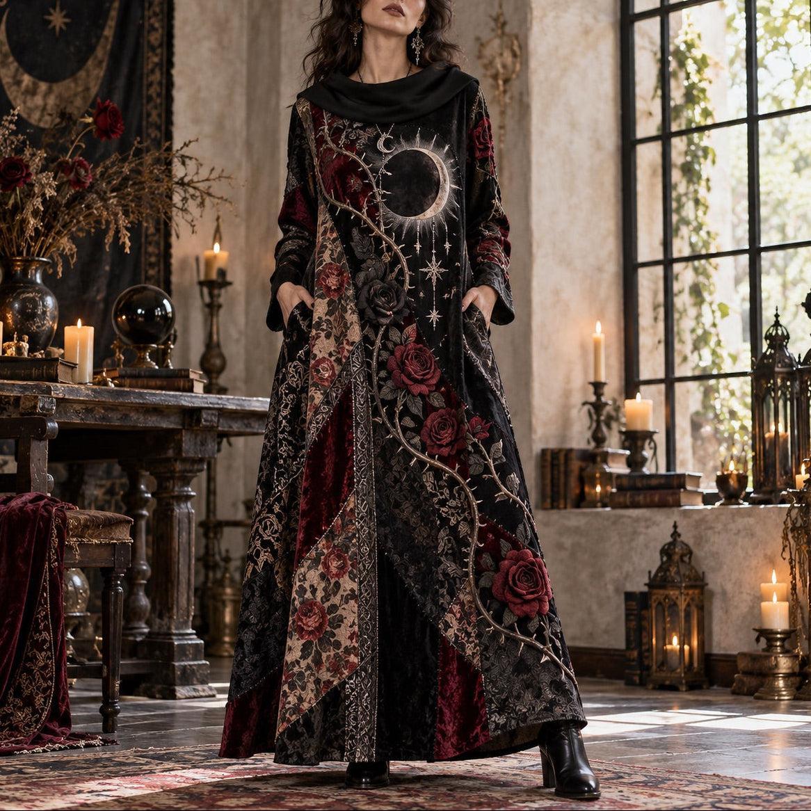 Gothic Rose Eclipse Cowl Neck Dress – Witchy Thorn Vine Maxi – worn, front view