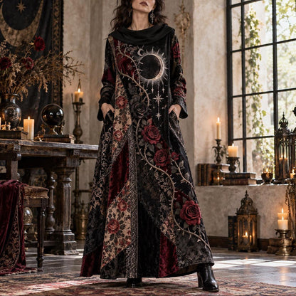 Gothic Rose Eclipse Cowl Neck Dress – Witchy Thorn Vine Maxi – worn, front view