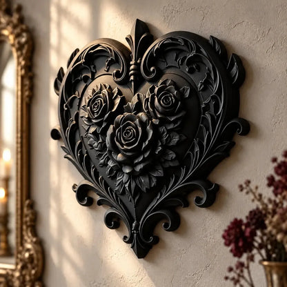 Black rose heart wall plaque in a bright gothic room