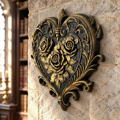 Angled rose heart plaque with antique gold-tone highlights