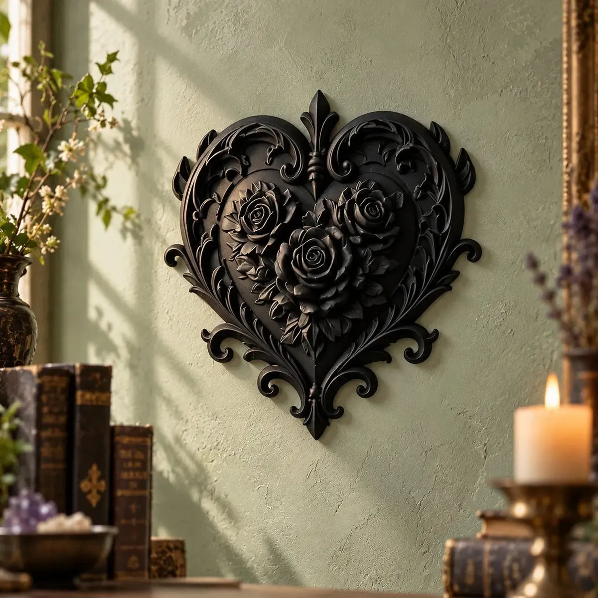 Floral heart relief on a textured interior wall