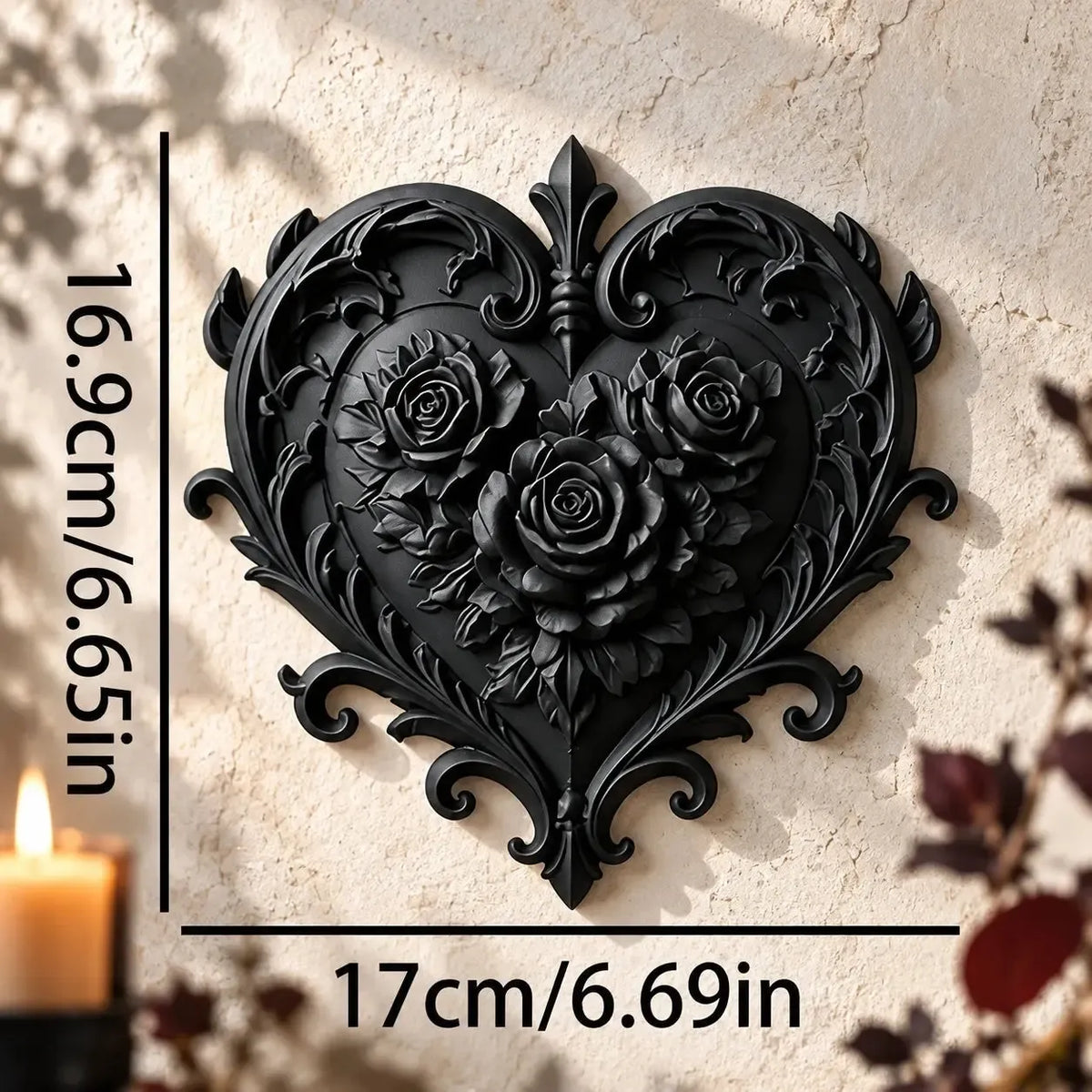 Dark rose heart plaque size diagram, 16.9 by 17 cm