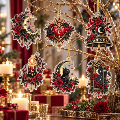 Gothic Rose Moon Christmas Acrylic Ornament Set – Dark Yule Decor – set of 6 acrylic ornaments