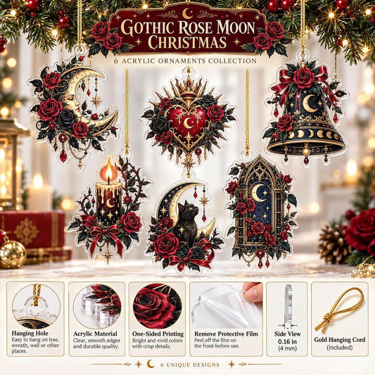 Gothic Rose Moon Christmas Acrylic Ornament Set – Dark Yule Decor – ornament size and details