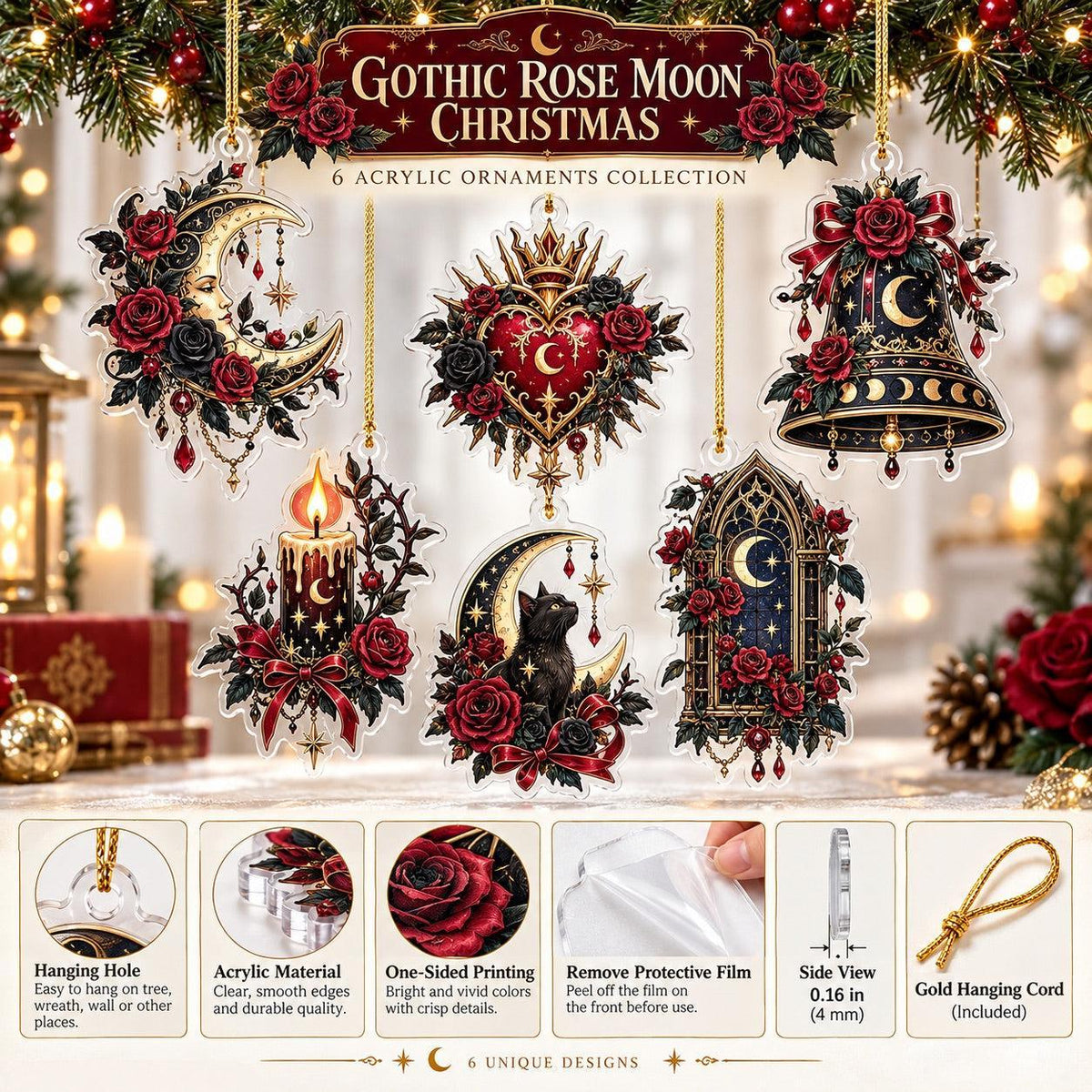 Gothic Rose Moon Christmas Acrylic Ornament Set – Dark Yule Decor – ornament size and details