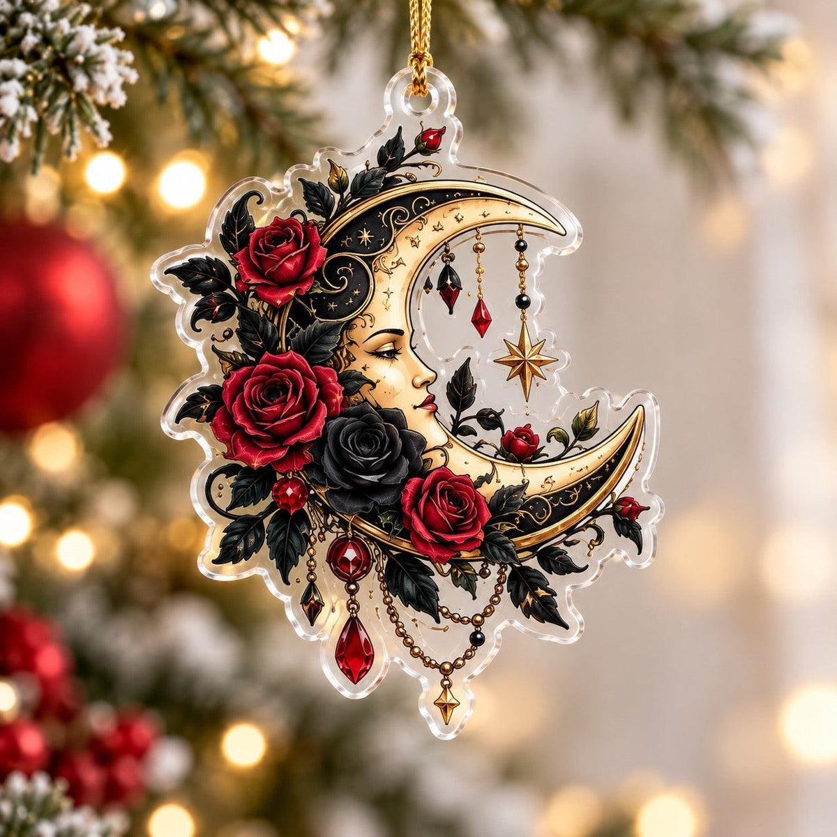 Gothic Rose Moon Christmas Acrylic Ornament Set – Dark Yule Decor – Rose Crescent Moon ornament