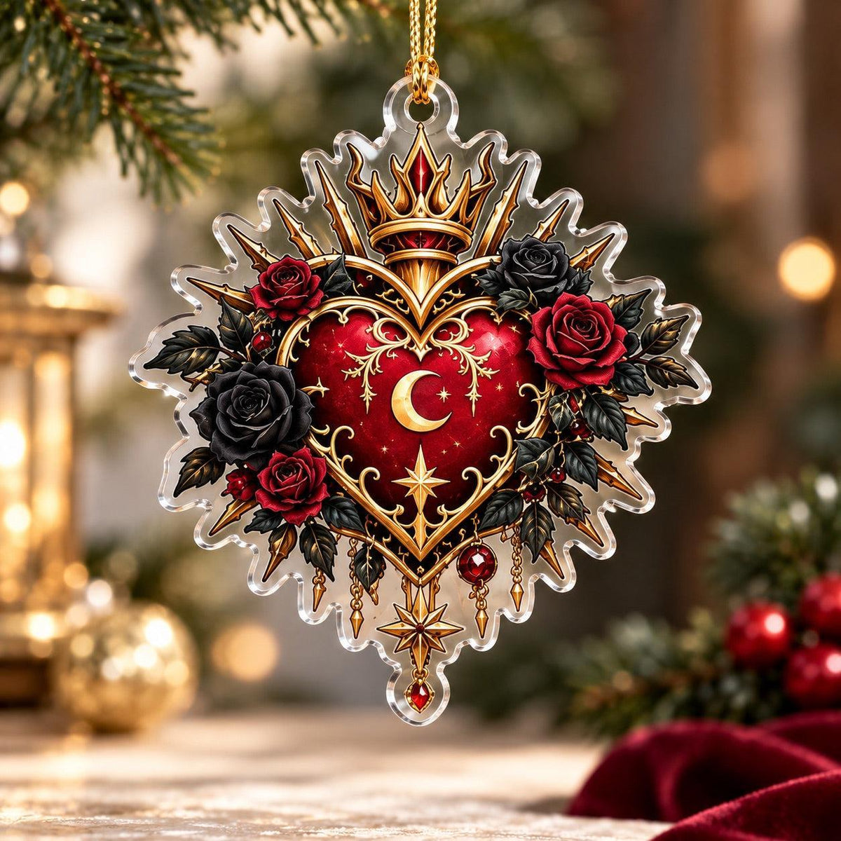 Gothic Rose Moon Christmas Acrylic Ornament Set – Dark Yule Decor – Crowned Sacred Heart ornament