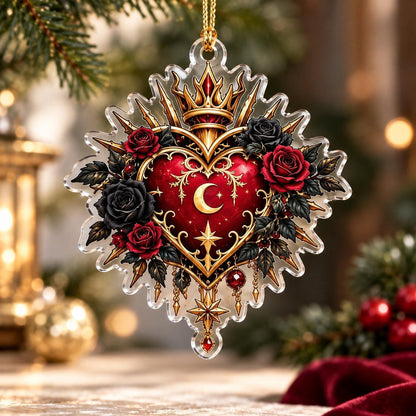 Gothic Rose Moon Christmas Acrylic Ornament Set – Dark Yule Decor – Crowned Sacred Heart ornament