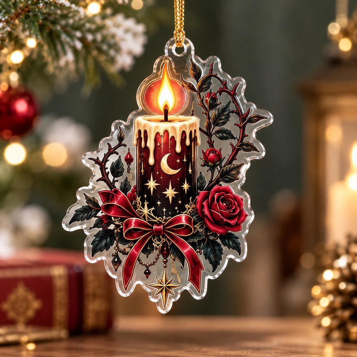 Gothic Rose Moon Christmas Acrylic Ornament Set – Dark Yule Decor – Rose Candle ornament