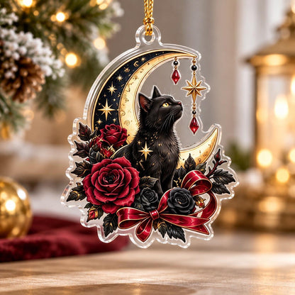Gothic Rose Moon Christmas Acrylic Ornament Set – Dark Yule Decor – Black Cat Moon ornament