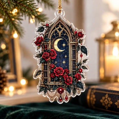 Gothic Rose Moon Christmas Acrylic Ornament Set – Dark Yule Decor – Gothic Window Moon ornament