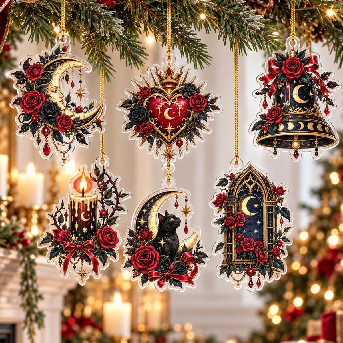 Gothic Rose Moon Christmas Acrylic Ornament Set – Dark Yule Decor – set of 6, another view