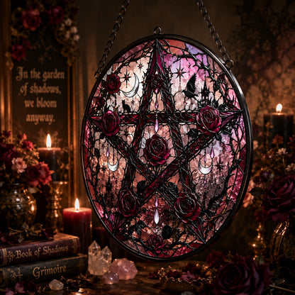 Gothic Rose Pentacle Glass Suncatcher - close up detail