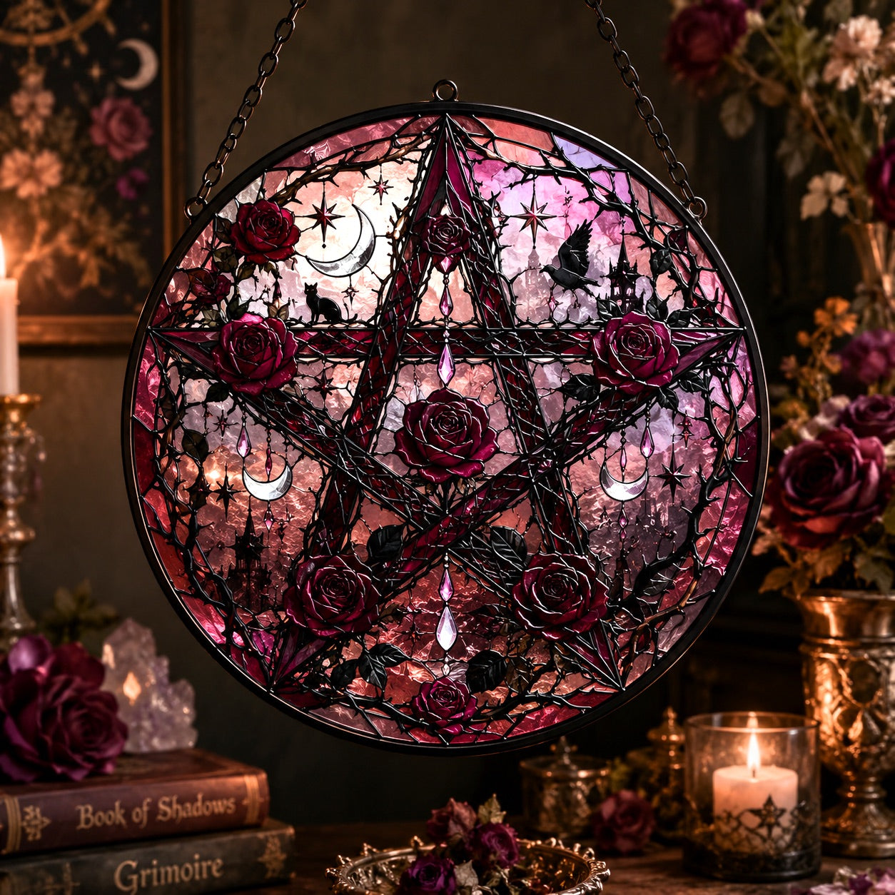 Gothic Rose Pentacle Glass Suncatcher - window display