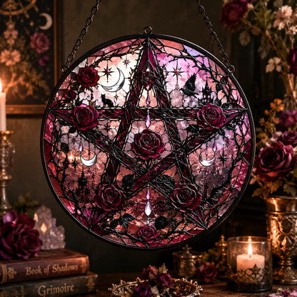 Gothic Rose Pentacle Glass Suncatcher - window display