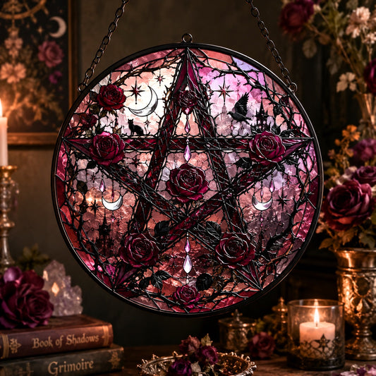 Gothic Rose Pentacle Glass Suncatcher - window display