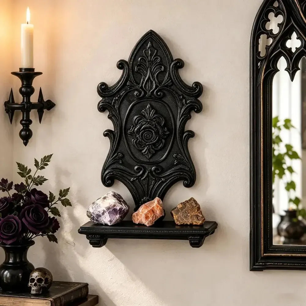 Rose wall shelf front view showing floral medallion and ledge in a bright gothic room