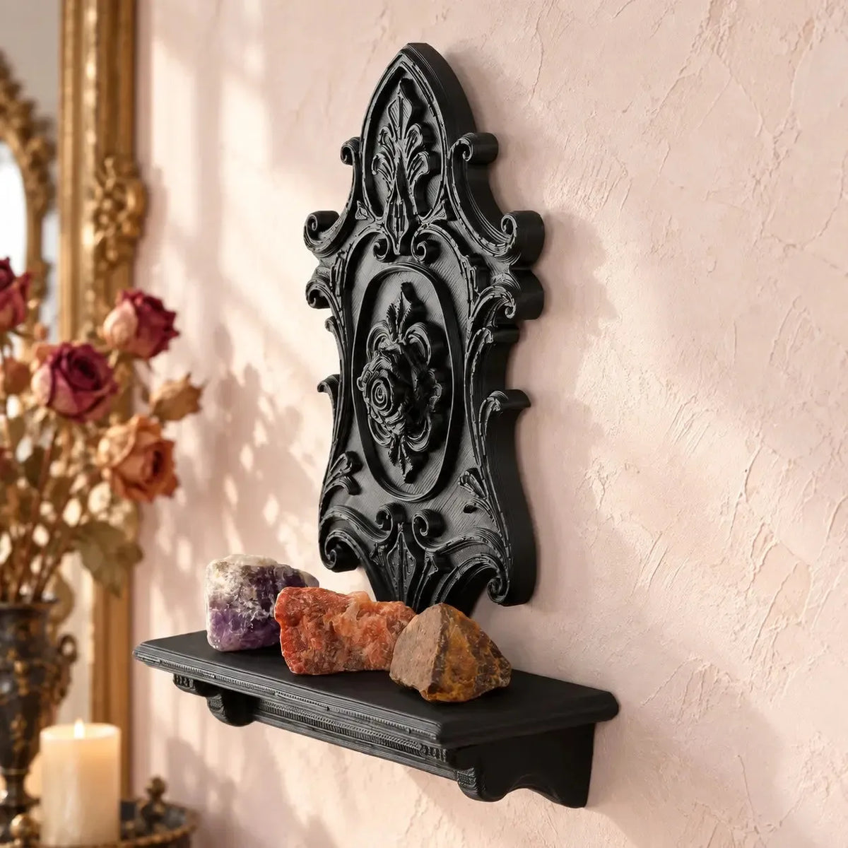 Gothic rose shelf angled view showing crystals on the platform in a bright gothic room