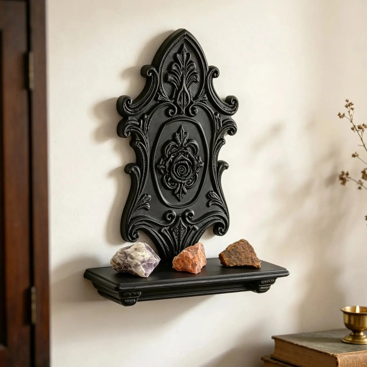 Rose wall shelf displayed above a console in a light room