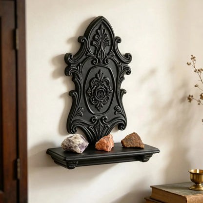 Rose wall shelf displayed above a console in a light room