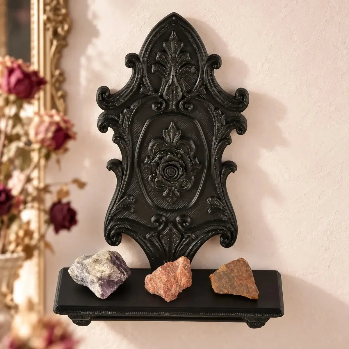 Rose wall shelf front view showing floral medallion and ledge in a bright gothic room