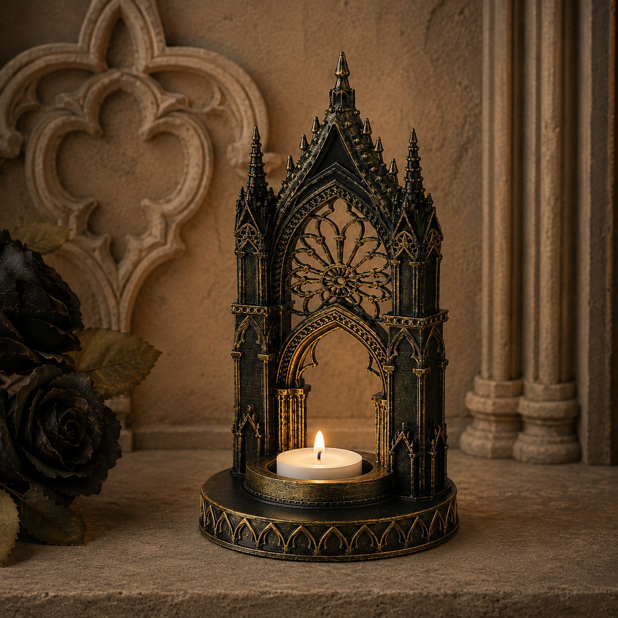 Cathedral tealight stand – gothic candle holder side view