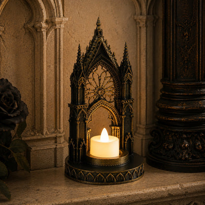 Gothic candle holder – lit tealight glowing through rose window