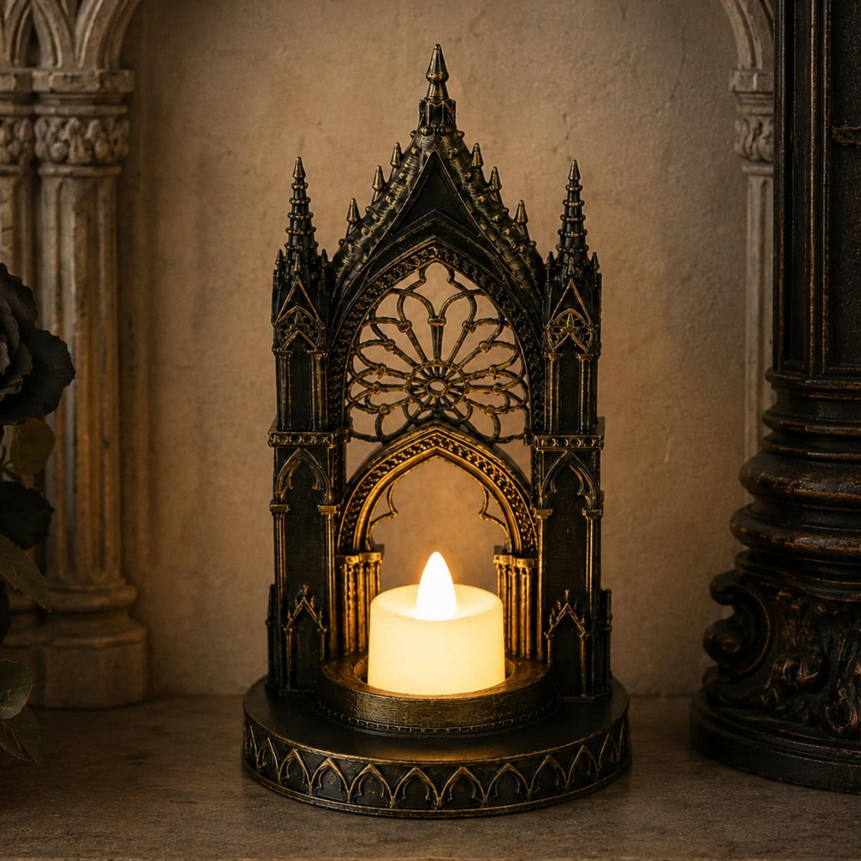 Gothic rose window candle holder – cathedral arch tealight stand, front view