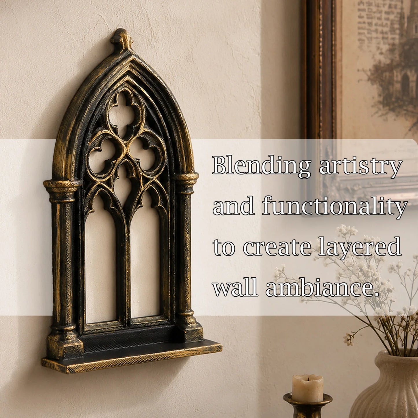 Gothic arch wall shelf – styled with crystals and candles