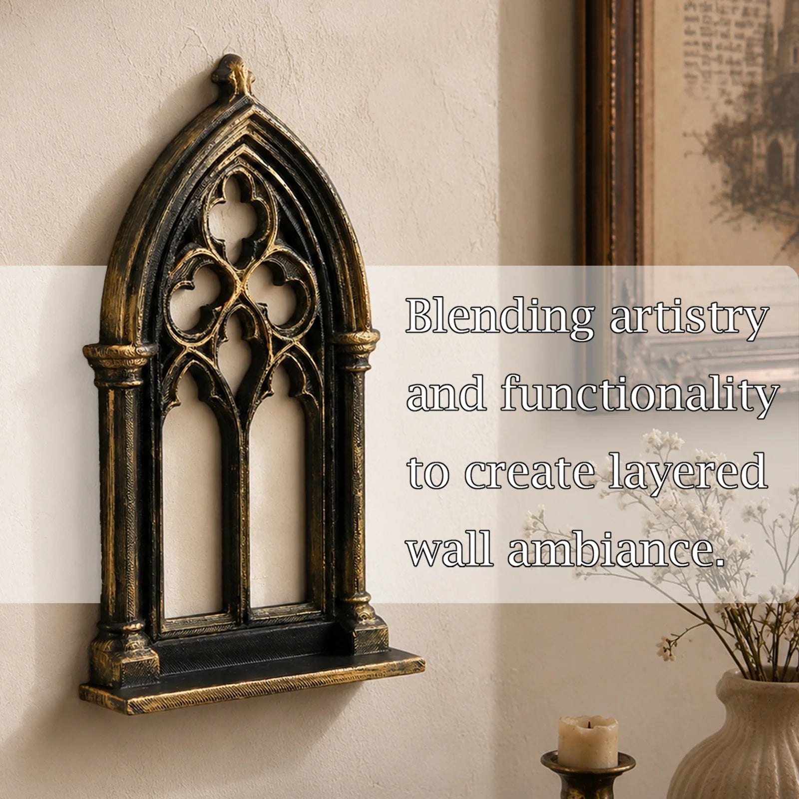 Gothic arch wall shelf – styled with crystals and candles