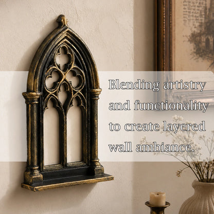 Gothic arch wall shelf – styled with crystals and candles