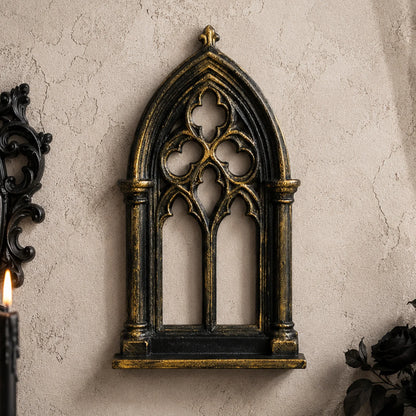 Gothic rose window wall shelf – cathedral arch crystal display rack, front view