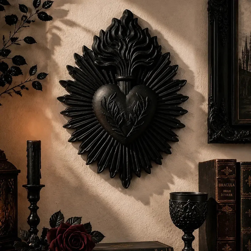 Dark Gothic Sacred Heart Wall Decor – matte black spiritual wall art for witchy gothic home