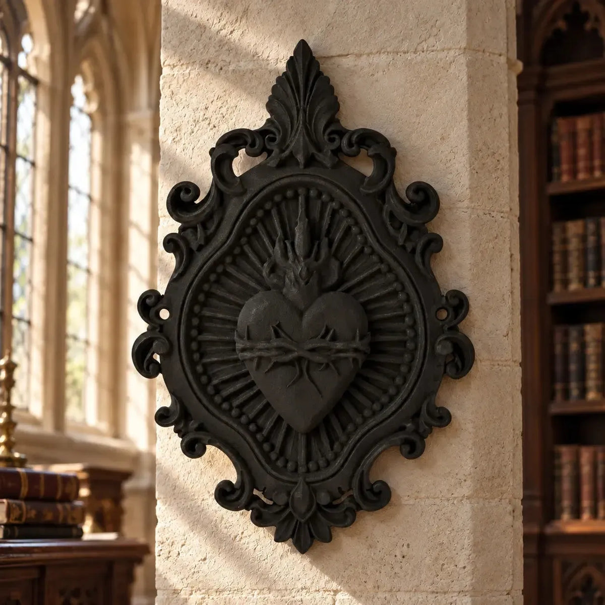 Flaming heart plaque with ornate scroll border in a gothic room
