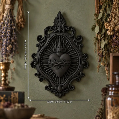Flaming heart dimension diagram, 19.5 by 13 cm in a gothic room